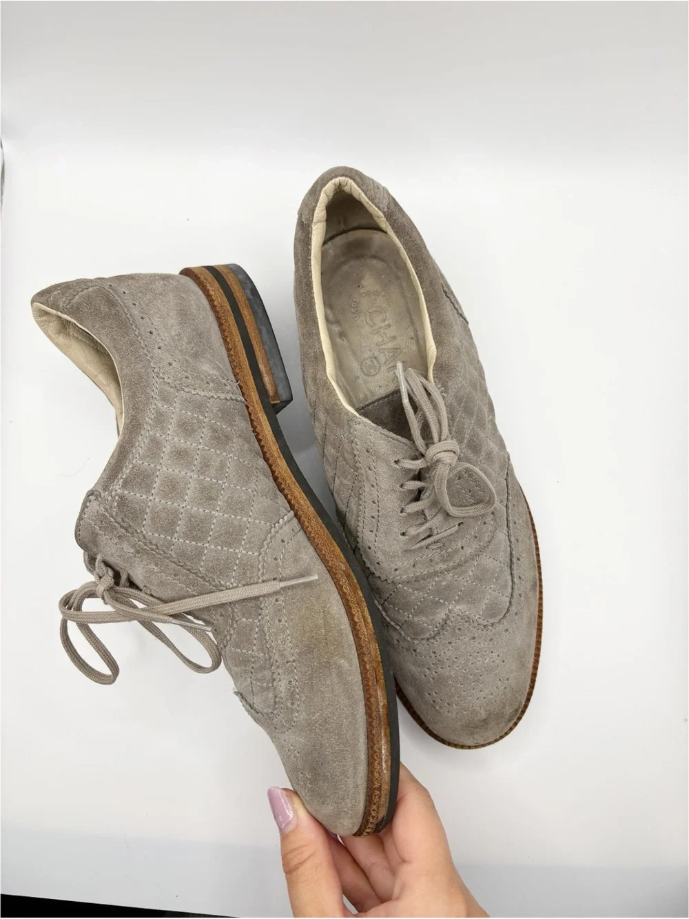 Chanel Authentic Gray Suede CC Brogue Loafers